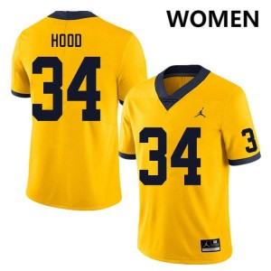 #34 Jaydon Hood Wolverines Yellow Women's Jerseys Replica College Football 887602-790