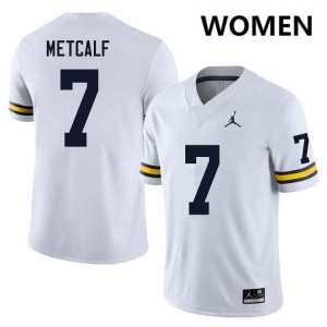 #7 TJ Metcalf Wolverines White Womens Jerseys Replica College Football 889899-704